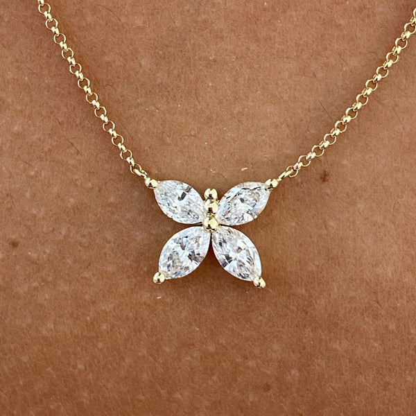 18K Solid Gold Round & Marquise Lab Grown Diamond Flower Pendant Necklace | Riyanika Jewels