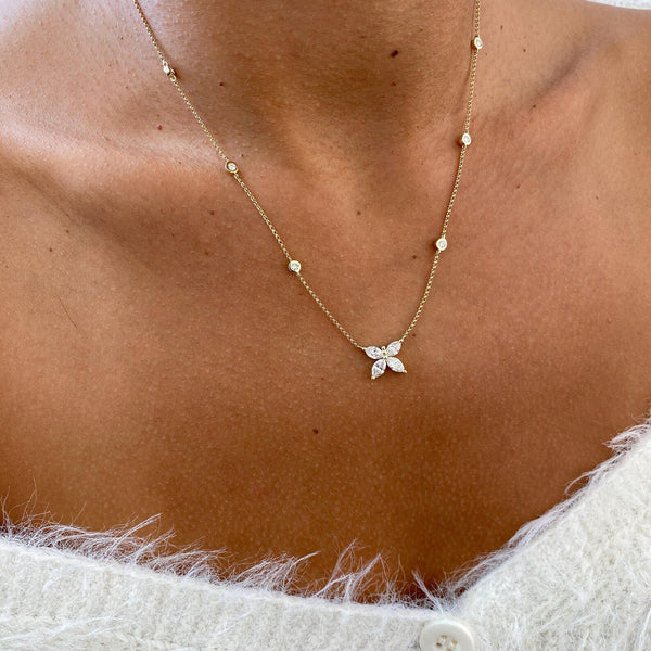 18K Solid Gold Round & Marquise Lab Grown Diamond Flower Pendant Necklace - Side View | Riyanika Jewels