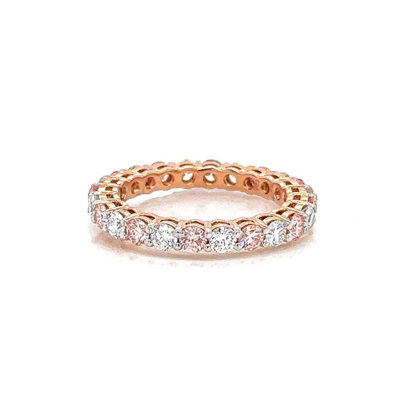 18K Solid Gold Natural Diamond Eternity Band – Pink & White Round Diamonds - Side View | Riyanika Jewels