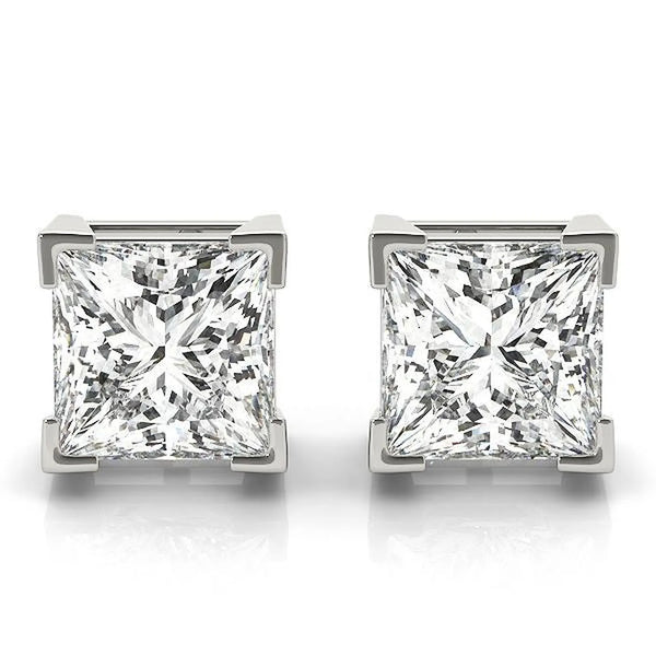 18K Solid Gold Princess-Cut Natural Diamond Stud Earrings