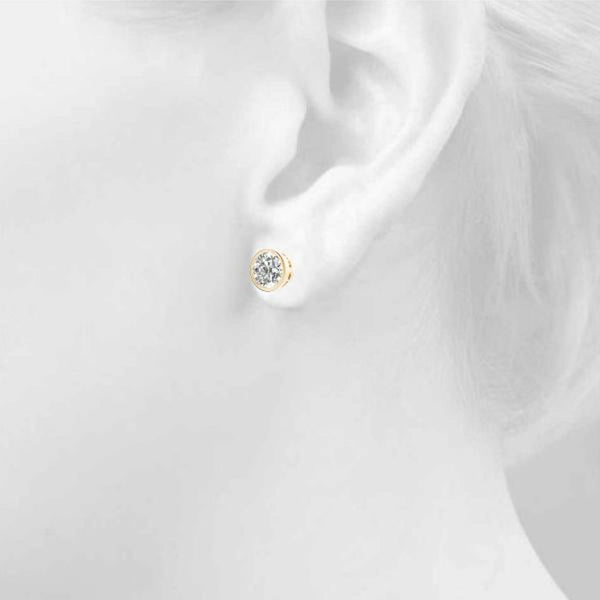 18K Solid Gold Natural Diamond Bezel Set Round Stud Earrings