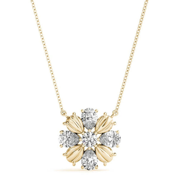 18K Solid Gold Floral Bloom Natural Diamond Cluster Pendant Necklace - Side View | Riyanika Jewels