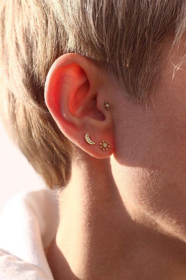 14K Solid Gold Natural Diamond Moon Stud Earring