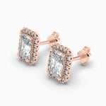18k Solid Gold Nature Diamond Radiant Cut Halo Style Stud Earring For Women - Side View