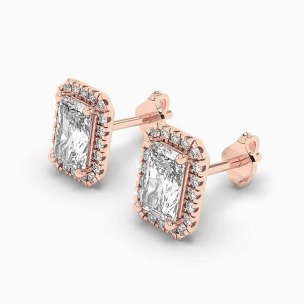 18k Solid Gold Nature Diamond Radiant Cut Halo Style Stud Earring For Women - Side View | Riyanika Jewels