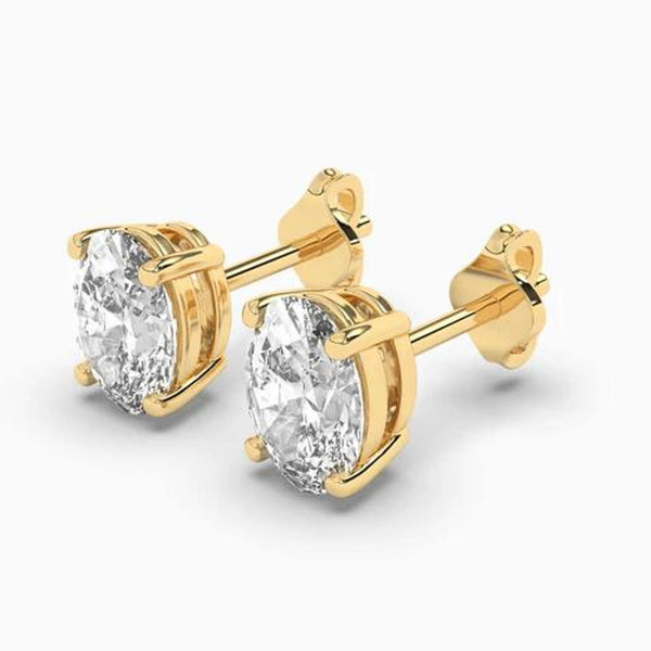 18k Solid Gold Oval Cut Natural Diamond Wedding Stud Earrings - Side View | Riyanika Jewels