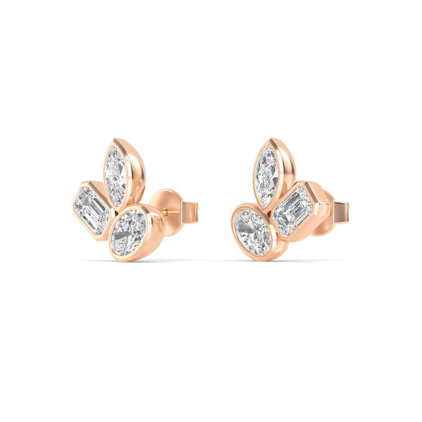 18K Solid Gold 2.06 Ct Natural Diamond Stud Earrings Floral Trio Cluster with Marquise, Oval & - Side View | Riyanika Jewels
