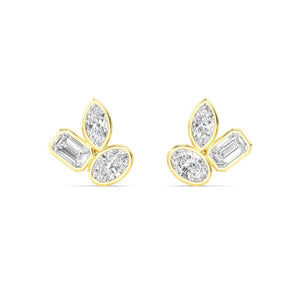 18K Solid Gold 2.06 Ct Natural Diamond Stud Earrings Floral Trio Cluster with Marquise, Oval & Emerald Cut Diamonds