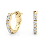 18K Solid Gold Lab Grown Diamond Huggie Earrings – Shared Prong Setting - Detail | Riyanika Jewels