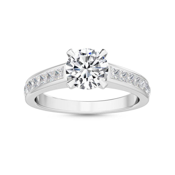 1.33ct Round Cut Natural Diamond with Princess Cut Side Stones Engagement Ring in 18K Solid Gold