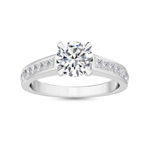 1.33ct Round Cut Natural Diamond with Princess Cut Side Stones Engagement Ring in 18K Solid Gold