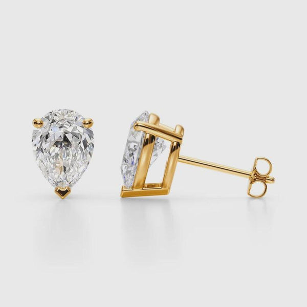 18K Solid Gold Natural Diamond Pear-Cut Stud Earrings - Side View | Riyanika Jewels