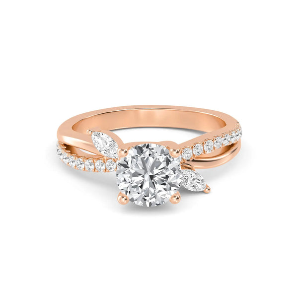 18K Solid Gold 1.34 Ct Round Cut Lab Grown Diamond Engagement Ring with Marquise Pavé Accent - Side View | Riyanika Jewels
