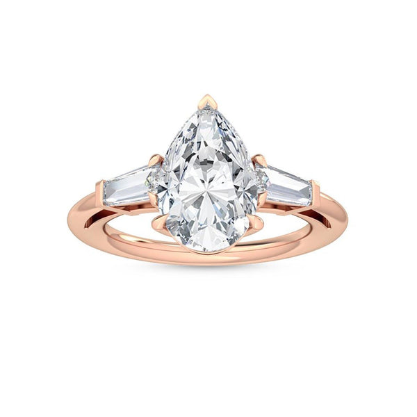 18K Solid Gold 3.60ct Pear Cut with Baguette Side Stones Lab Grown Diamond Engagement Ring - Side View | Riyanika Jewels