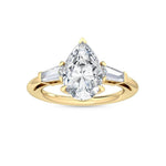 18K Solid Gold 3.60ct Pear Cut with Baguette Side Stones Lab Grown Diamond Engagement Ring - Close Up | Riyanika Jewels