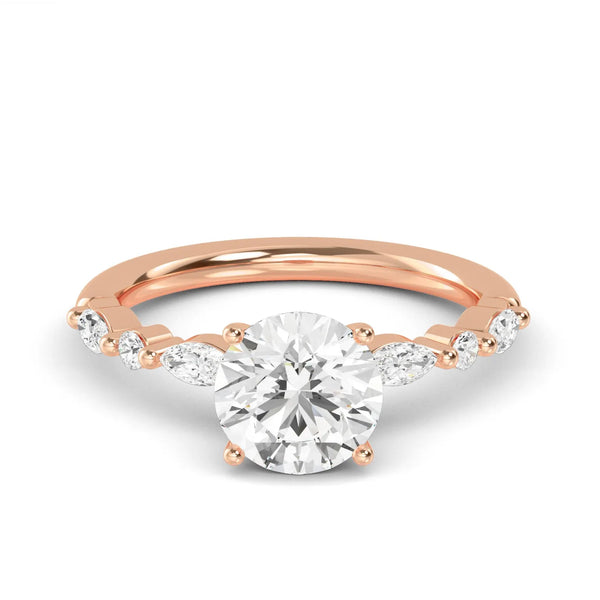 18K Solid Gold 1.95Ct Round Cut Natural Diamond Engagement Ring with Marquise Side Stones - Side View | Riyanika Jewels