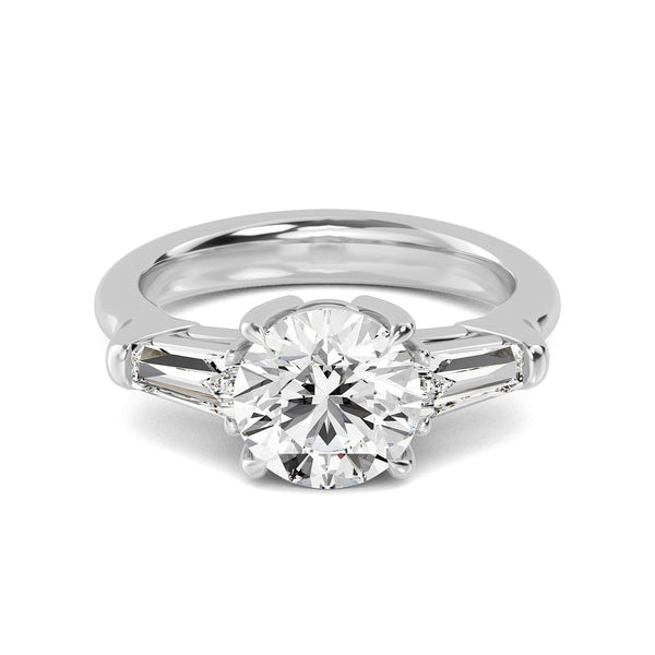 18K Solid Gold 2.53ct Round Cut with Baguette Side Stones Natural Diamond Engagement Ring