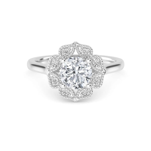 18K Solid Gold 1.18CT Vintage Floral Halo Round Cut Natural Diamond Engagement Ring
