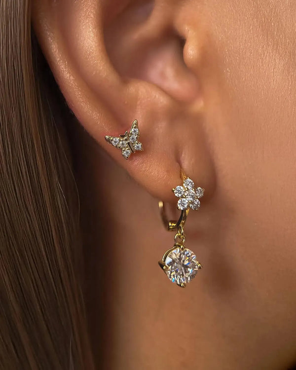 18K Solid Gold Floral Huggies Drop Earrings | 1ct Round Natural Diamond Drop Earrings - Side View | Riyanika Jewels