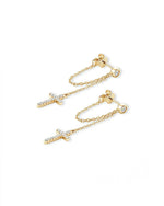 14K Solid Gold Natural Diamond Cross Dangle Earrings | Diamond Chain Drop Earrings
