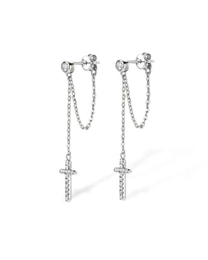 14K Solid Gold Lab Grown Diamond Cross Dangle Earrings | Diamond Chain Drop Earrings