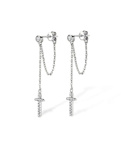 14K Solid Gold Lab Grown Diamond Cross Dangle Earrings | Diamond Chain Drop Earrings