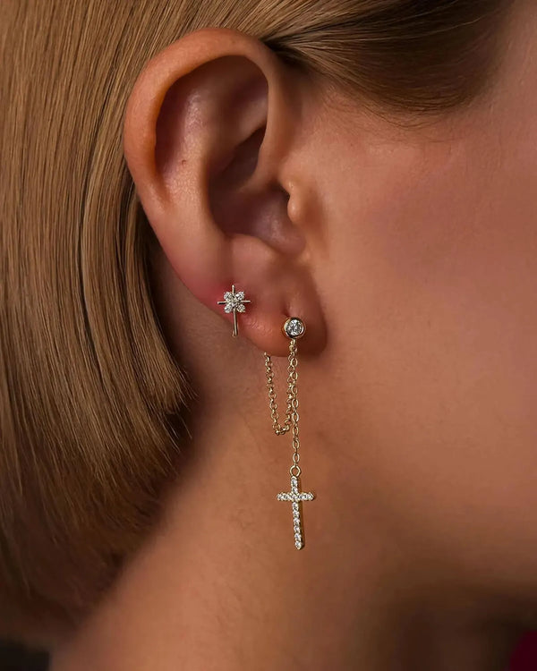 18K Solid Gold Natural Diamond Cross Stud Earrings - Side View | Riyanika Jewels