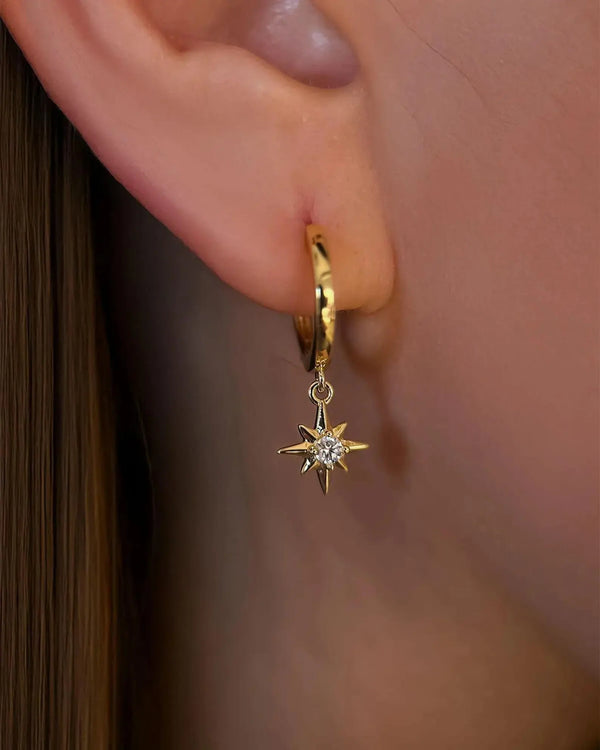 14K Solid Gold Star Lab Grown Diamond Charm Drop Earrings | 14K Solid Gold Diamond Drop Earrings