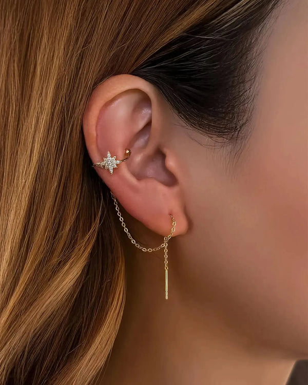 14K Solid Gold Lab Grown Diamond Star Chain Cuff Earring | 14K Solid Gold Threader and Clip On Design