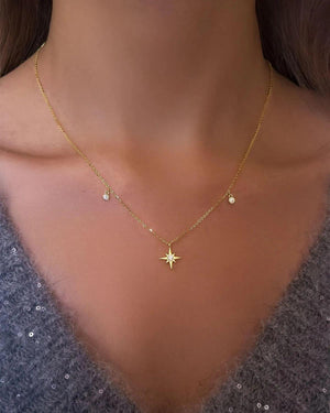 18K Solid Gold 0.2CT Natural Diamond Pendant Chain Necklace | Dainty 18K Solid Gold Chain North Star | Riyanika Jewels