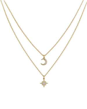 18K Solid Gold Moon and Star Double Chain Natural Diamond Pendant Necklaces