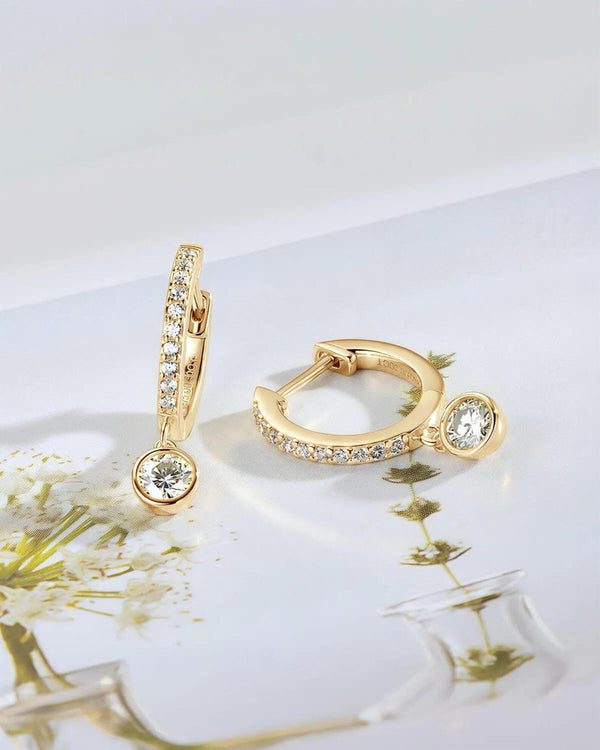 18K Solid Gold 13mm Full Pavé Natural Diamond Drop Hoop Earrings | 18K Solid Gold Diamond Drop Hoops | Riyanika Jewels