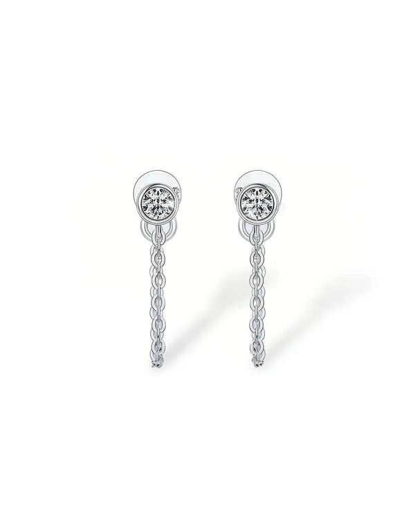 14K Solid Gold Natural Diamond Chain Drop Stud Earrings