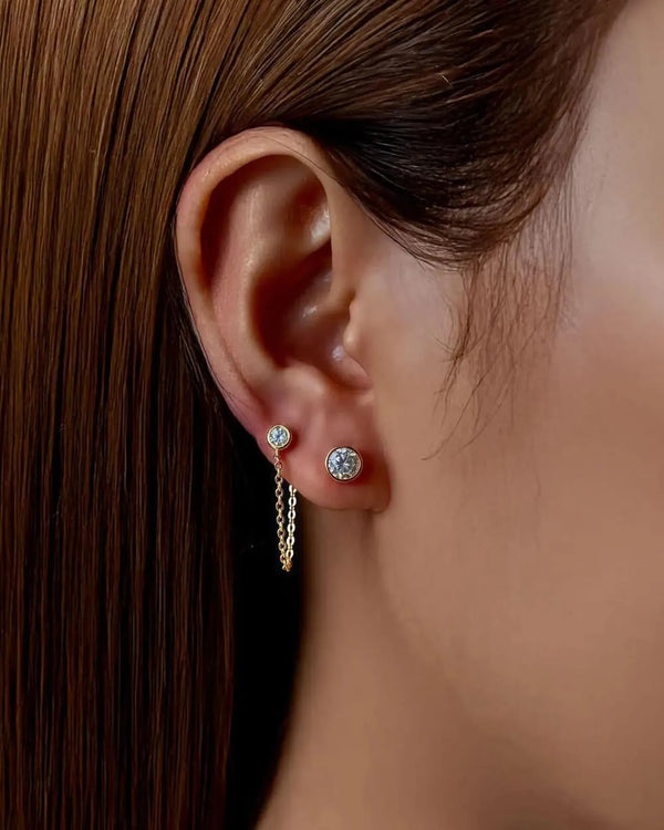 14K Solid Gold Lab Grown Diamond Chain Drop Stud Earrings