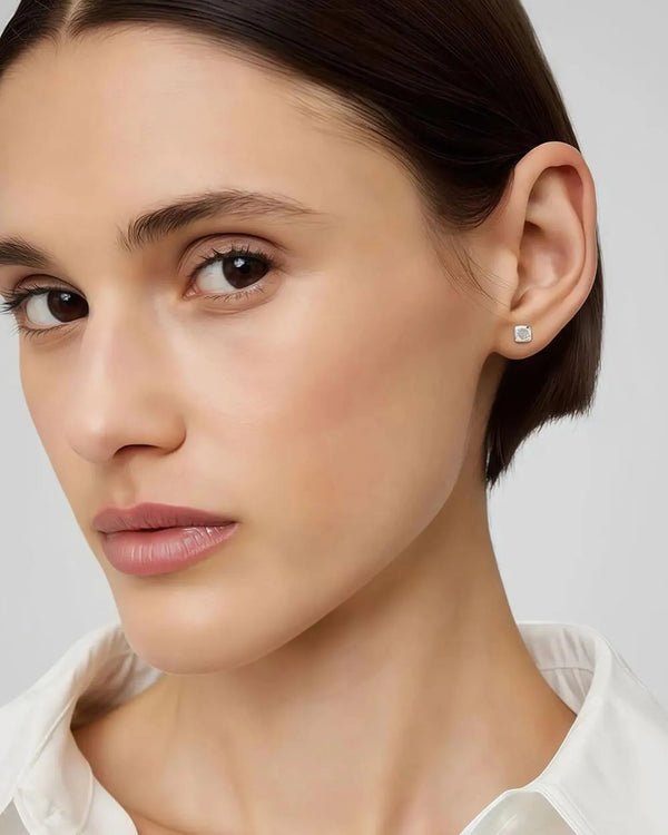 18K Solid Gold Bezel Set Lab Grown Diamond Stud Earrings - Side View | Riyanika Jewels