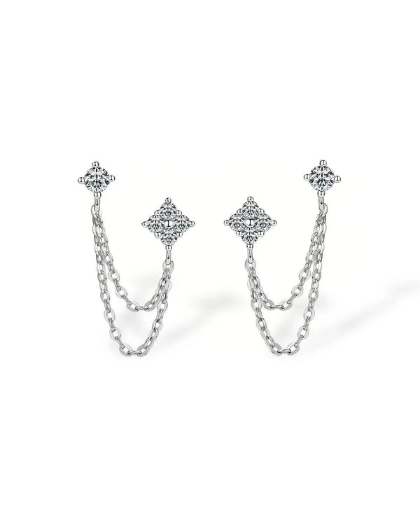 18K Solid Gold Natural Diamond Clover Chain Earrings