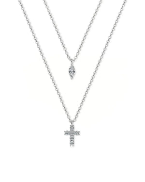 18K Solid Gold Marquise Layered Diamond Cross Pendant Double Chain Necklace
