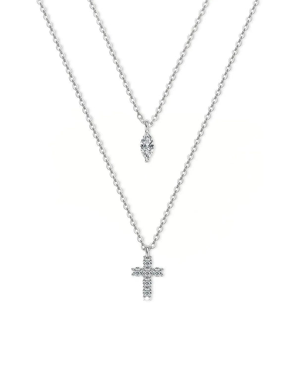 18K Solid Gold Marquise Layered Diamond Cross Pendant Double Chain Necklace