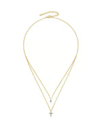 18K Solid Gold Marquise Layered Diamond Cross Pendant Double Chain Necklace - Alternate Angle