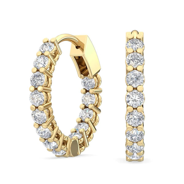 18K Solid Gold 0.66ct Natural Diamond Hoop Earrings | 18K Gold Shared-Prong Eternity Hoops - Side View | Riyanika Jewels