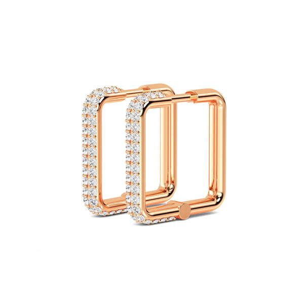 18K Solid Gold 0.67 Ct Pave Natural Diamond Rectangular Hoop Earrings - Side View | Riyanika Jewels