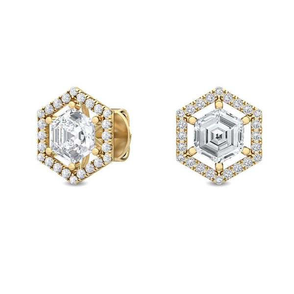 1.68CT Natural Diamond Hexagon Stud Earrings in 18K Solid Gold | Hexagon Halo Diamond Studs - Side View | Riyanika Jewels