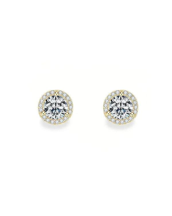 18K Solid Gold 1 Carat Natural Diamond Halo Stud Earrings - Side View | Riyanika Jewels