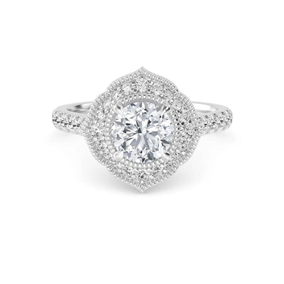 18K Solid Gold 1.50CT Vintage-Inspired Round Brilliant Cut Natural Diamond Floral Halo Engagement Ring Vintage-Inspired Round Brilliant Cut