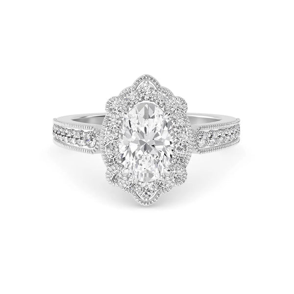 18K Solid Gold 1.45ct Vintage Floral Oval Halo Diamond Engagement Ring