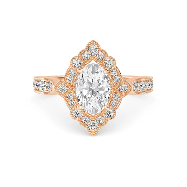 18K Solid Gold 1.36Ct Vintage-Style Double Halo Oval Lab Grown Diamond Engagement Ring - Side View