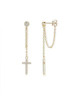 18K Solid Gold Natural Diamond Cross Dangle Earrings | Diamond Chain Drop Earrings - Close Up | Riyanika Jewels