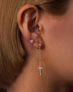14K Solid Gold Natural Diamond Cross Dangle Earrings | Diamond Chain Drop Earrings