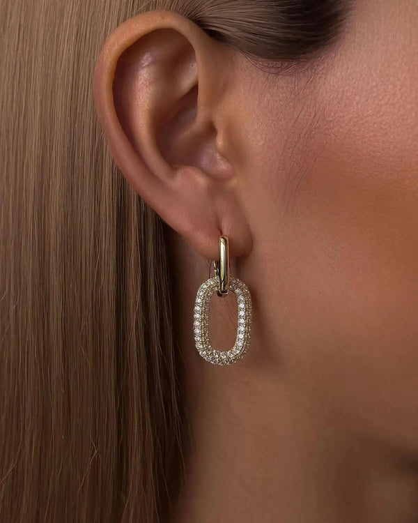 18K Solid Gold Double Oval Natural Diamond Dangle Drop Earrings | 18K Solid Gold Diamond Drop - Side View | Riyanika Jewels