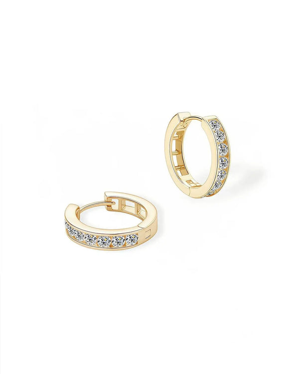 18K Solid Gold Classic Lab Grown Diamond Hoop Earrings | Diamond Huggie Hoops - Side View | Riyanika Jewels